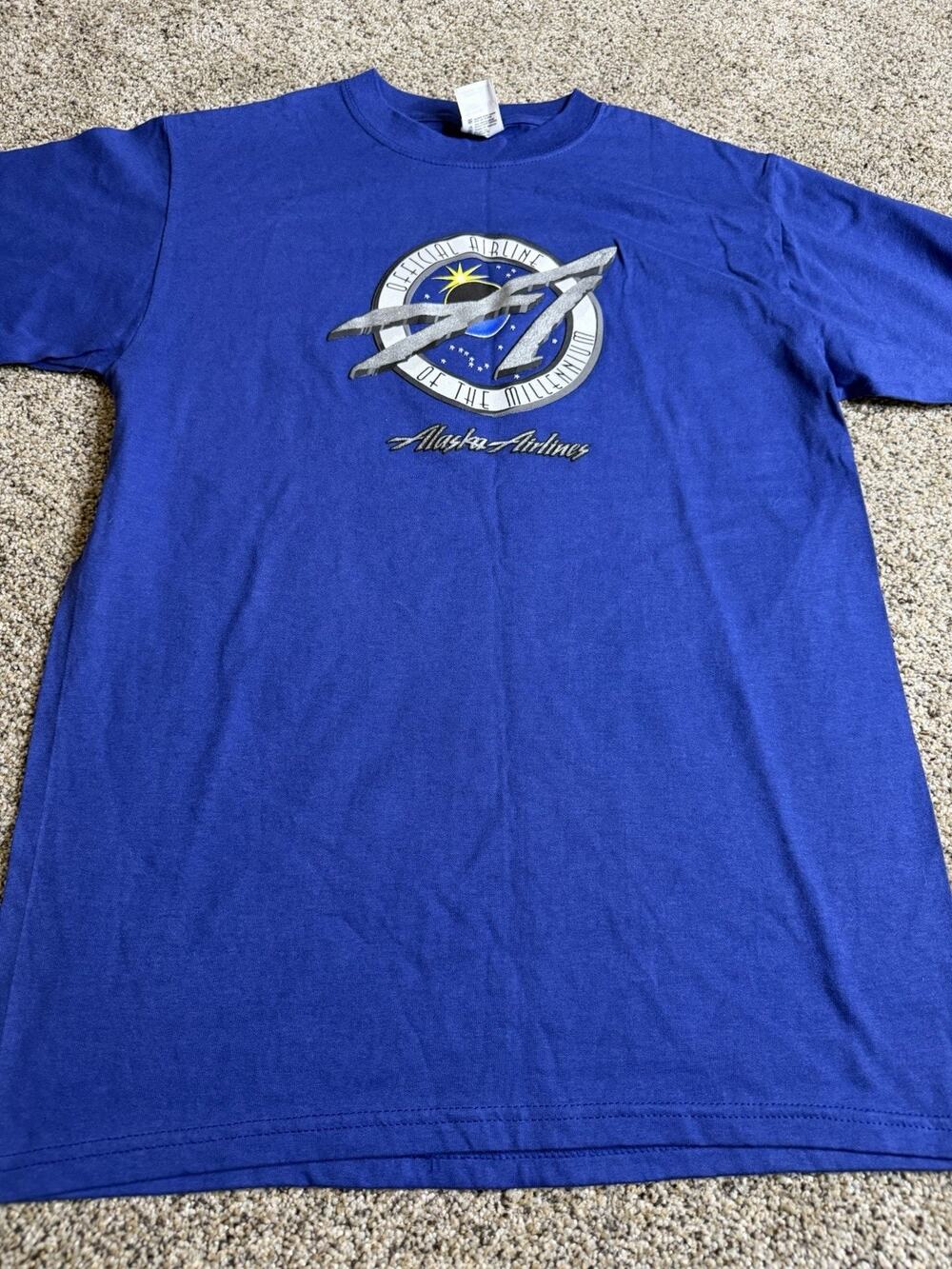 Vintage Y2K Alaska Airlines Millennium T Shirt Mens Medium Blue USA Anvil